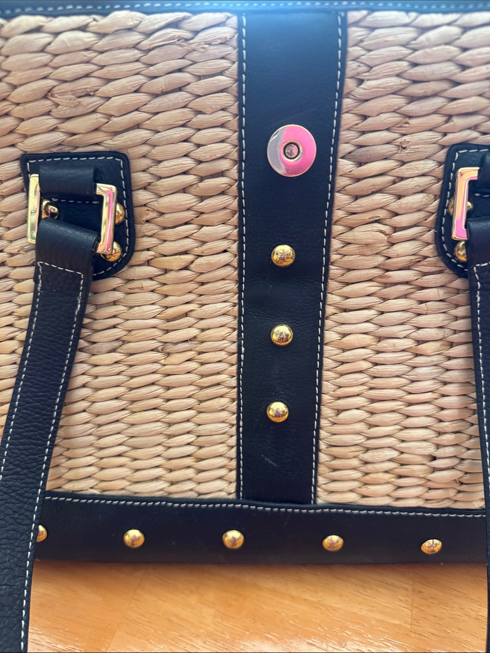 Woven Straw Pet CarryTote with Black Trim and Gold Accents - Picture 2 of 12